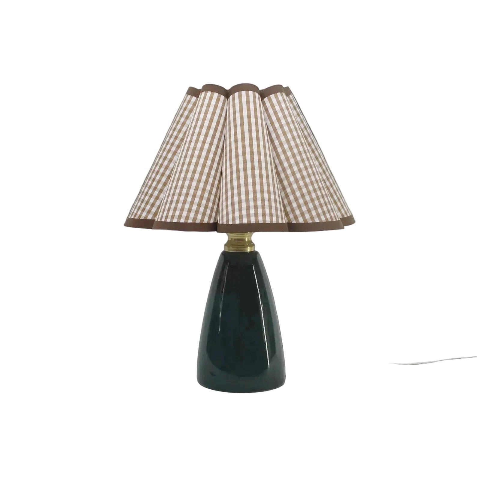 Grace gingham scallop counter lamp with ceramic base and brown plaid fabric scallop shade, 16.5 inch plug-in desk lamp for nightstand, countertop or farmhouse decor