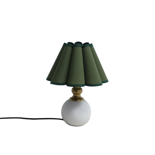 Hillside scallop counter lamp with ceramic base and moss green fabric scallop shade, 13 inch plug-in desk lamp for nightstand, countertop or botanical decor