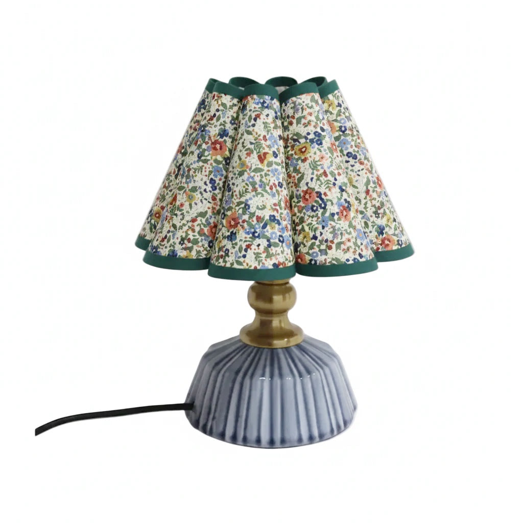 Isabelle floral scallop counter lamp with ceramic base and floral fabric scallop shade, 11 inch plug-in desk lamp for nightstand, countertop or bedroom accent