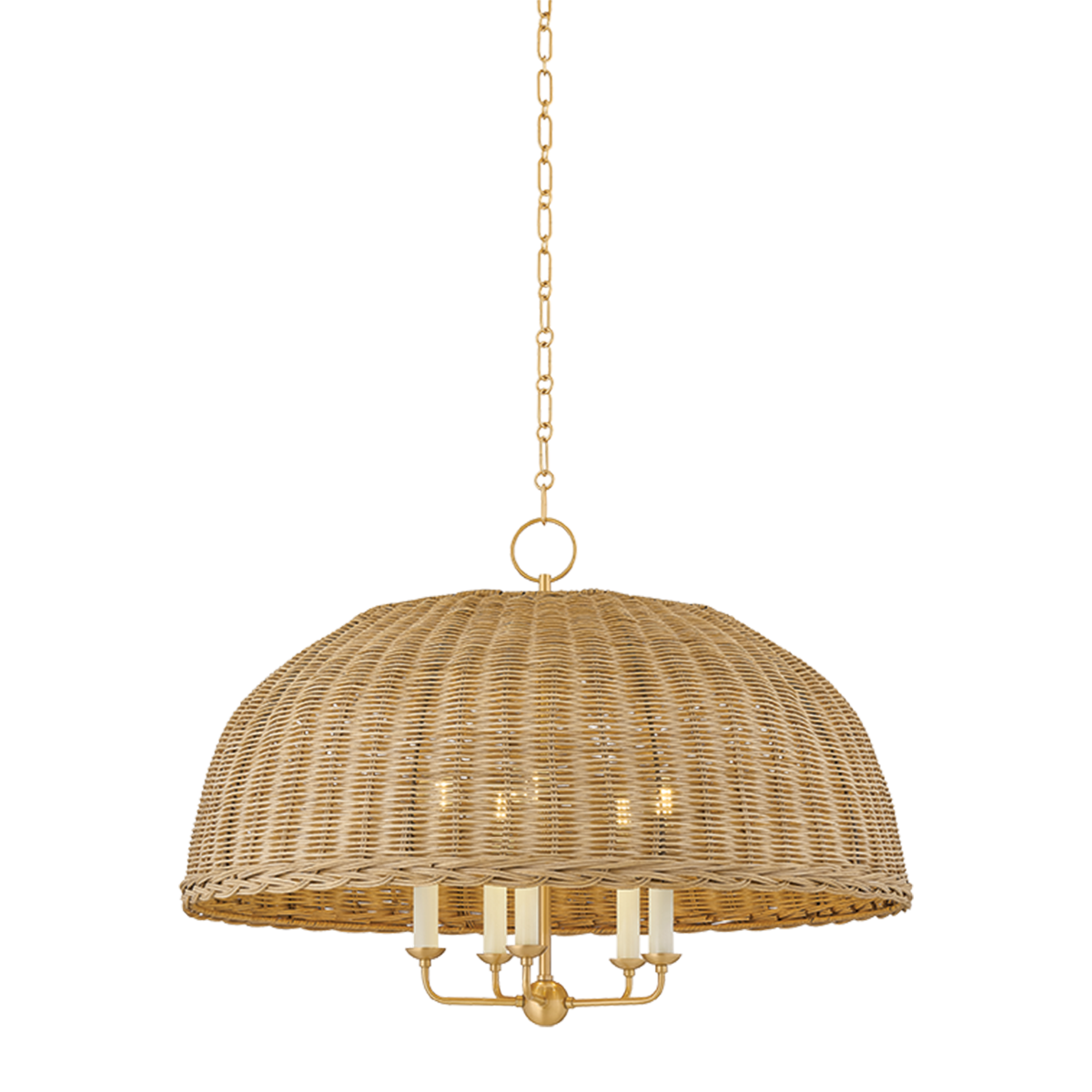 Jessica candlelight rattan chandelier large, 30 inch 5-light half-dome chandelier with natural woven rattan shade and aged brass metalwork