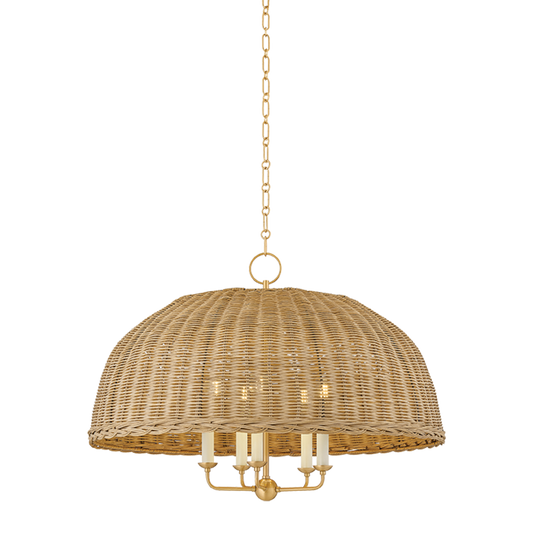 Jessica candlelight rattan chandelier large, 30 inch 5-light half-dome chandelier with natural woven rattan shade and aged brass metalwork