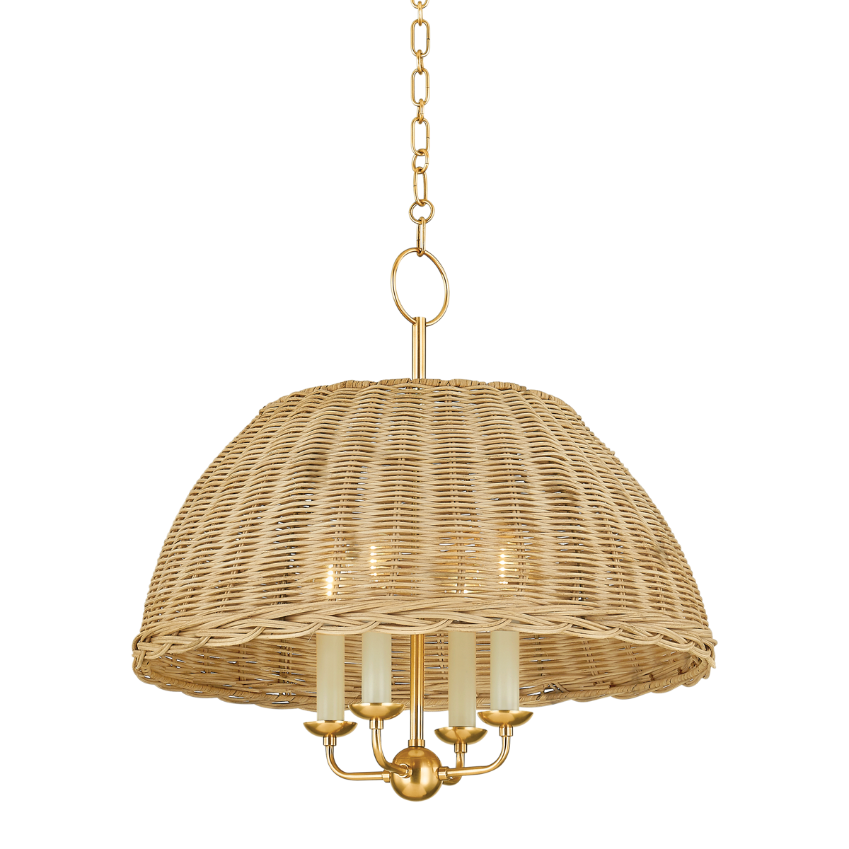 Jessica candlelight rattan chandelier small, 20 inch 4-light half-dome chandelier with natural woven rattan shade and aged brass metalwork