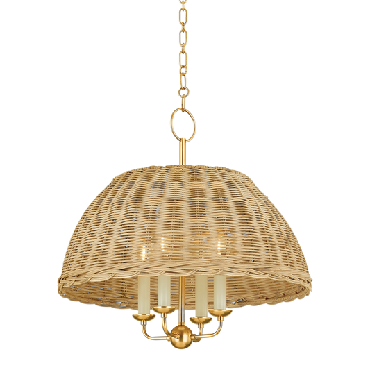 Jessica candlelight rattan chandelier small, 20 inch 4-light half-dome chandelier with natural woven rattan shade and aged brass metalwork
