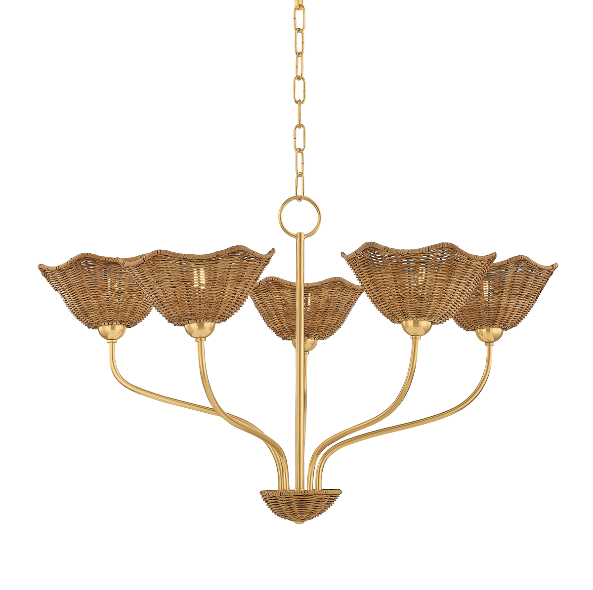 Kendra floral wicker chandelier large natural wicker chandelier with aged brass finish and floral-shaped shades for dining room or bedroom. Coastal botanical theme light fixture.