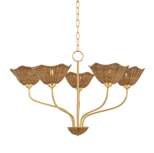 Kendra floral wicker chandelier large natural wicker chandelier with aged brass finish and floral-shaped shades for dining room or bedroom. Coastal botanical theme light fixture.