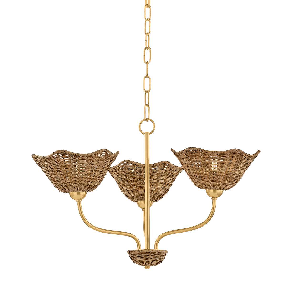 Kendra floral wicker chandelier small, 24 inch 3-light natural wicker chandelier with aged brass finish and floral-shaped shades for dining room or bedroom
