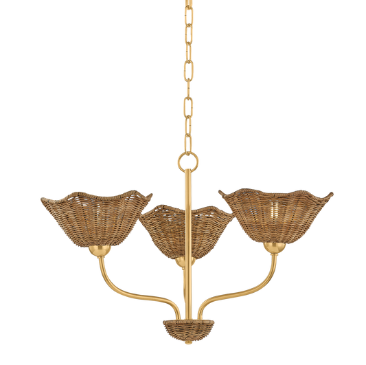 Kendra floral wicker chandelier small, 24 inch 3-light natural wicker chandelier with aged brass finish and floral-shaped shades for dining room or bedroom