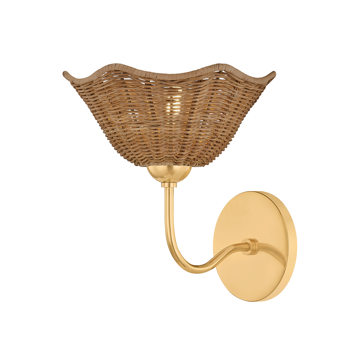 Kendra floral wicker wall sconce, 8.75 inch 1-light natural wicker wall sconce with aged brass finish and floral-shaped shade for bedroom or hallway
