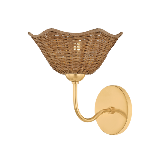 Kendra floral wicker wall sconce, 8.75 inch 1-light natural wicker wall sconce with aged brass finish and floral-shaped shade for bedroom or hallway