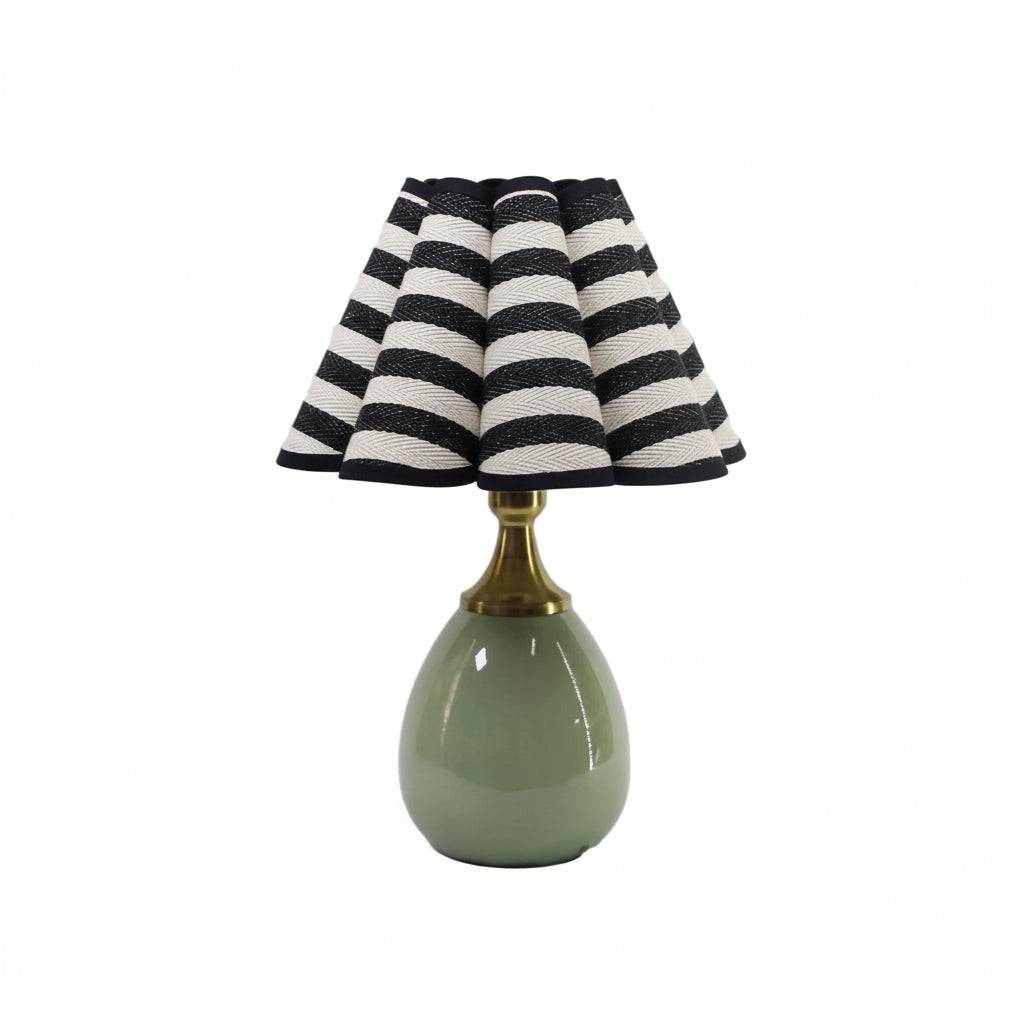 Lido striped scallop counter lamp with ceramic base and black stripe fabric scallop shade, 13.8 inch plug-in desk lamp for nightstand, countertop or coastal decor