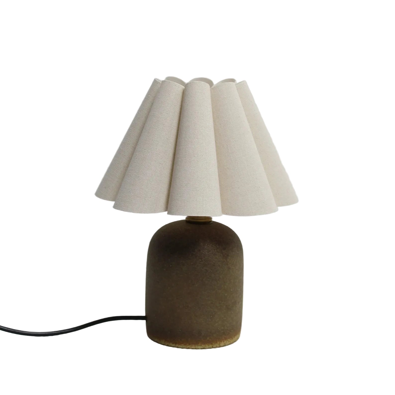 Lucy scallop counter lamp with brown ceramic base and light burlap fabric scallop shade, 13.3 inch plug-in desk lamp for nightstand, countertop or coastal boho decor