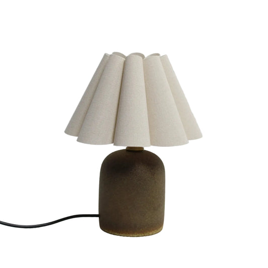 Lucy scallop counter lamp with brown ceramic base and light burlap fabric scallop shade, 13.3 inch plug-in desk lamp for nightstand, countertop or coastal boho decor