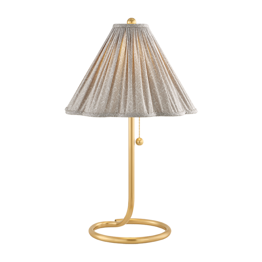 Mandy fabric table lamp with twisted aged brass abstract base and printed cotton gathered shade