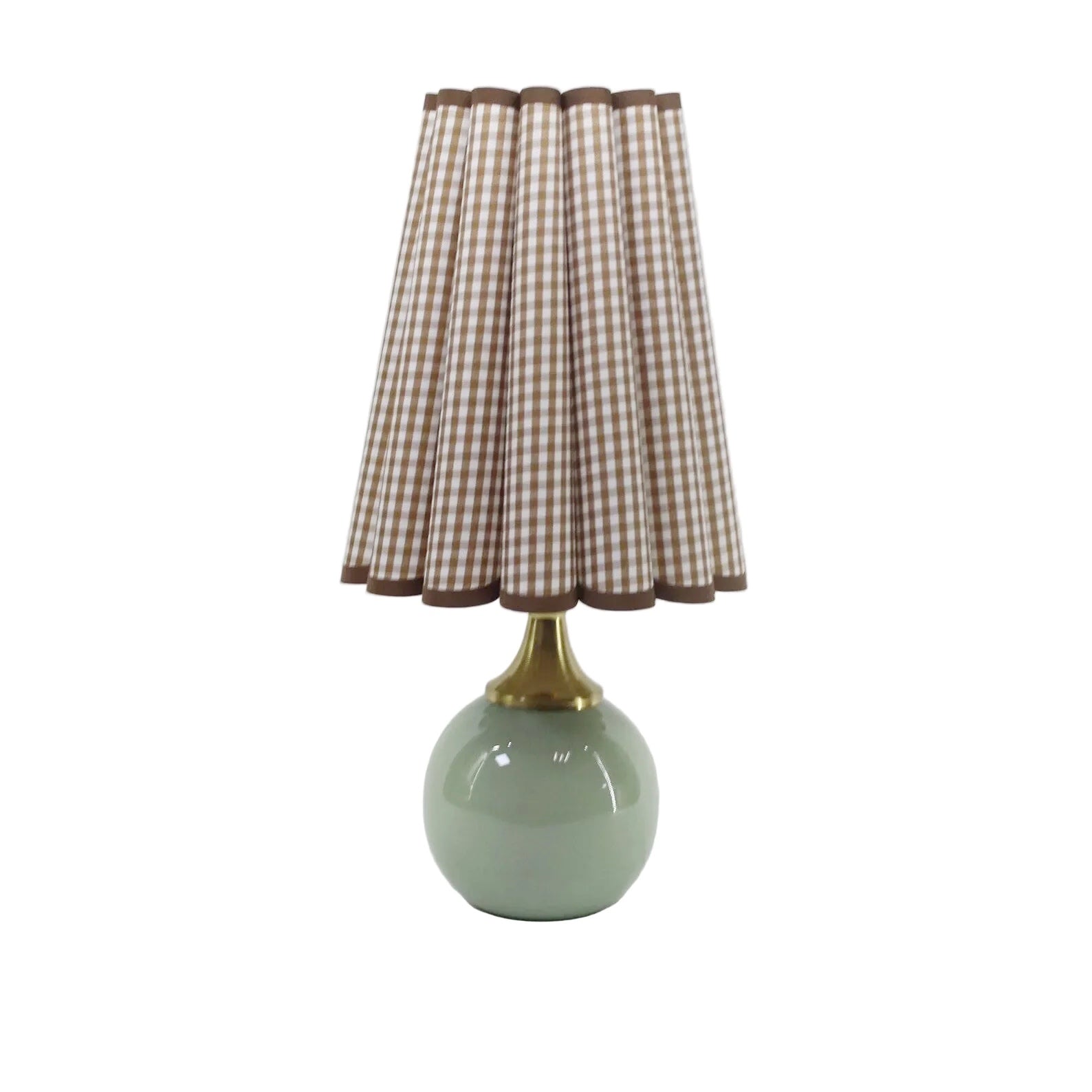Mintly gingham scallop counter lamp with ceramic base and brown plaid fabric scallop shade, 15.7 inch plug-in desk lamp for nightstand, countertop or farmhouse decor