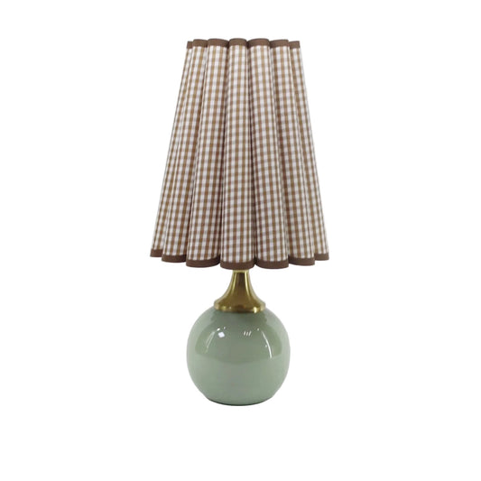 Mintly gingham scallop counter lamp with ceramic base and brown plaid fabric scallop shade, 15.7 inch plug-in desk lamp for nightstand, countertop or farmhouse decor