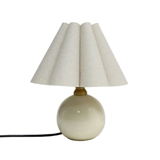 Sandy scallop counter lamp with ceramic base and light burlap fabric scallop shade, 11.8 inch plug-in desk lamp for nightstand, countertop or coastal decor