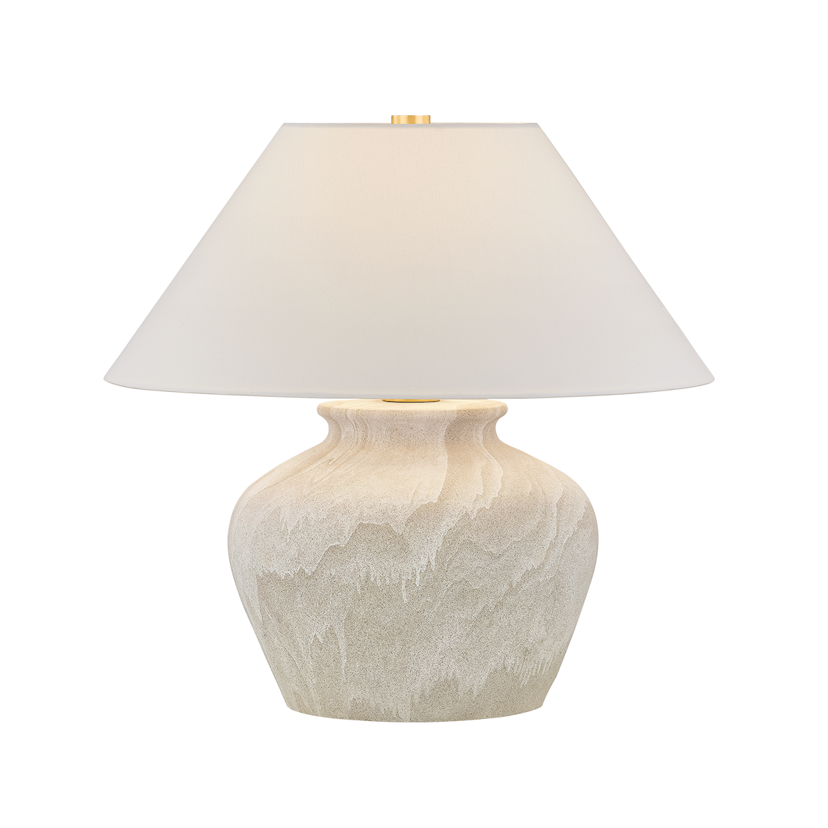 Santorini coastal table lamp with ceramic urn base in watercolor sand glaze, white linen conical shade and aged brass hardware, 23 inch plug-in table lamp