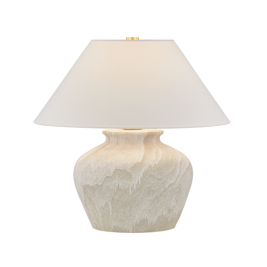 Santorini coastal table lamp with ceramic urn base in watercolor sand glaze, white linen conical shade and aged brass hardware, 23 inch plug-in table lamp