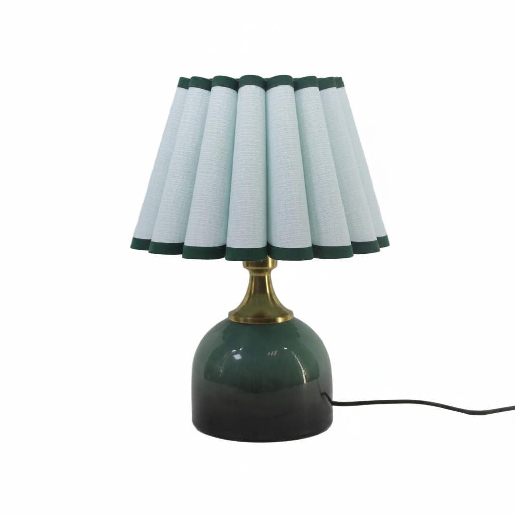 Sea Breeze blue scallop counter lamp with ceramic base and blue fabric scallop shade, 12.5 inch plug-in desk lamp for nightstand, countertop or entryway