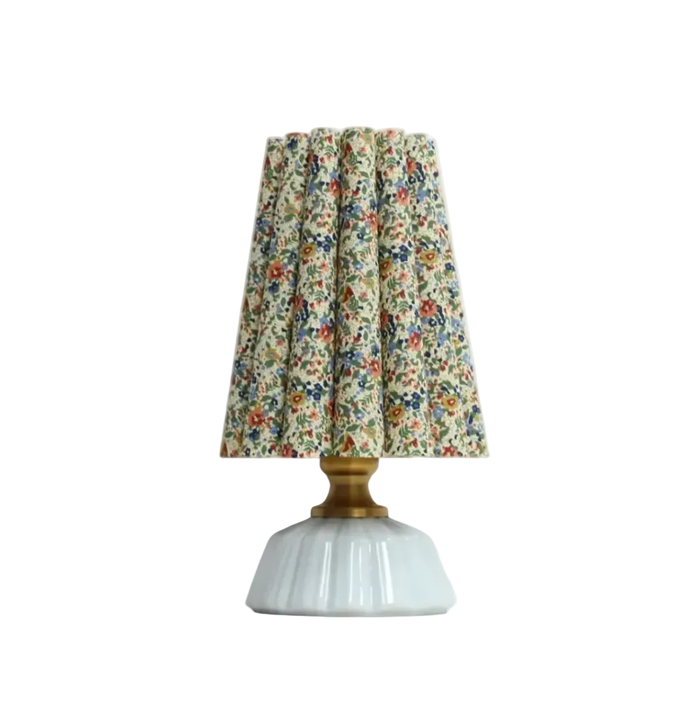 Sharla floral scallop counter lamp with ceramic base and floral fabric scallop shade, 13.7 inch plug-in desk lamp for nightstand, countertop or bedroom accent