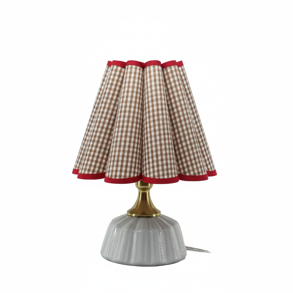 Shirley gingham scallop counter lamp with ceramic base and gingham fabric scallop shade, 13.4 inch plug-in desk lamp for nightstand, countertop or farmhouse decor