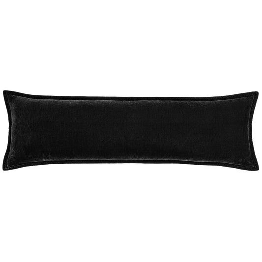 Sienna faux silk velvet long lumbar pillow in black, 14x42 inch feather-filled velvet lumbar pillow for bed or sofa