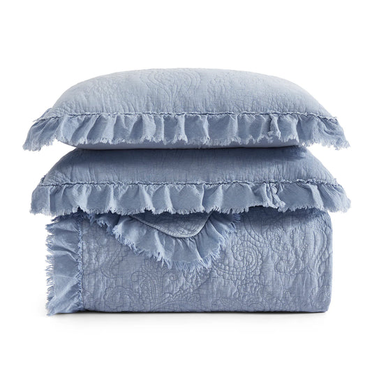Stefanie stonewashed paisley ruffled quilt set in bluebonnet blue, 100% cotton voile gauze with diamond stitch, available in twin, queen, and king