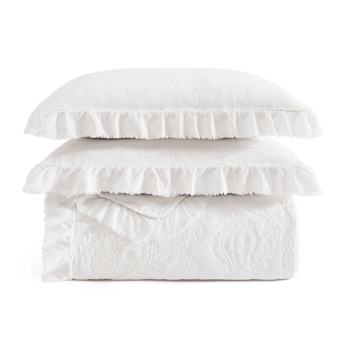 Stefanie stonewashed paisley ruffled quilt set in white, 100% cotton voile gauze with diamond stitch, available in twin, queen, and king
