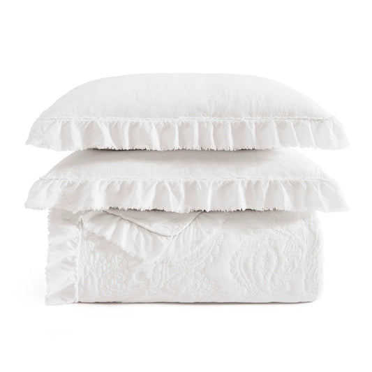 Stefanie stonewashed paisley ruffled quilt set in white, 100% cotton voile gauze with diamond stitch, available in twin, queen, and king