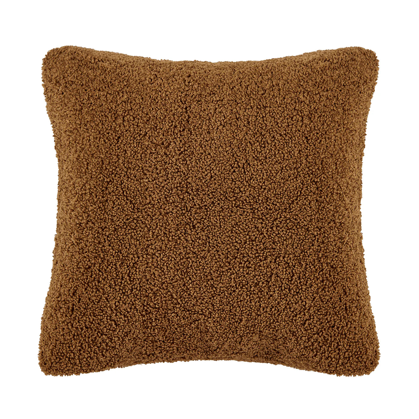 Teddy bear boucle pillow in brown with plush curled-loop woven texture and waterfowl feather fill, 27x27 inch accent pillow