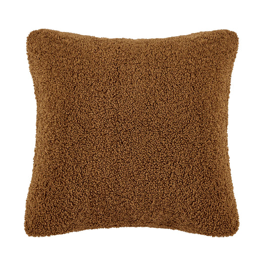 Teddy bear boucle pillow in brown with plush curled-loop woven texture and waterfowl feather fill, 27x27 inch accent pillow