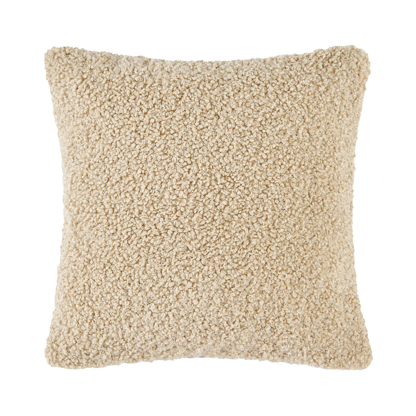 Teddy bear boucle pillow in cream with plush curled-loop woven texture and waterfowl feather fill, 27x27 inch accent pillow