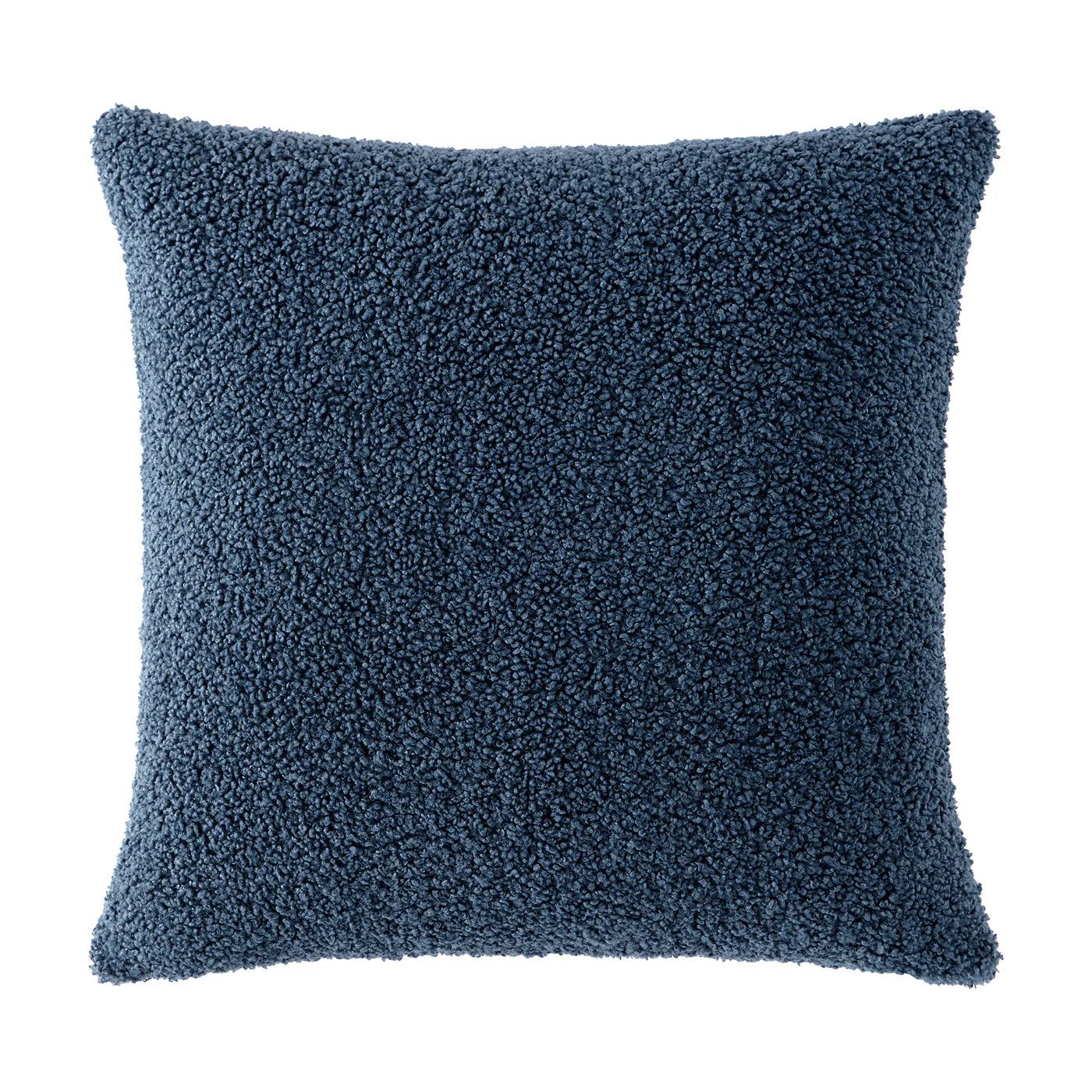 Teddy bear boucle pillow in navy blue with plush curled-loop woven texture and waterfowl feather fill, 27x27 inch accent pillow