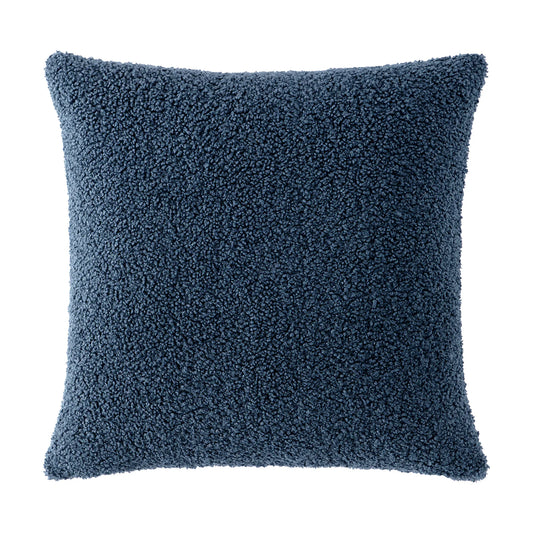 Teddy bear boucle pillow in navy blue with plush curled-loop woven texture and waterfowl feather fill, 27x27 inch accent pillow