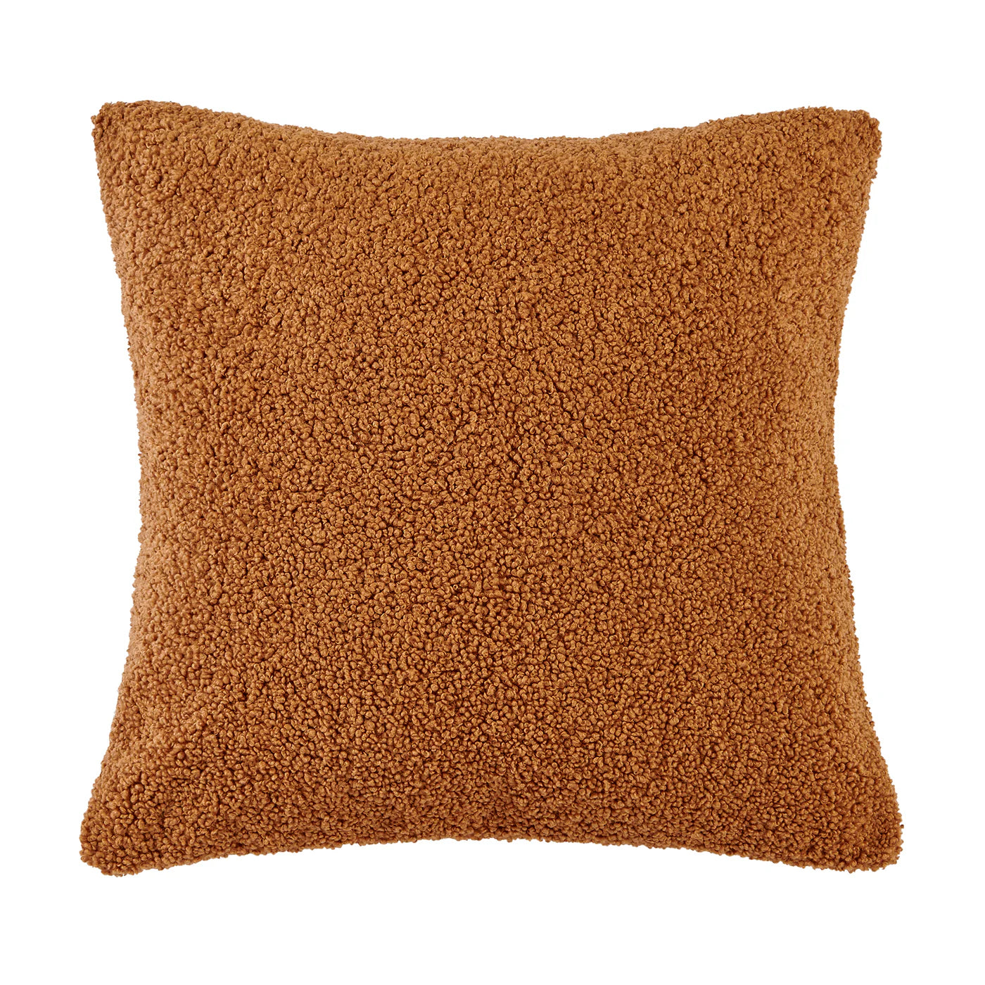 Teddy bear boucle pillow in terracotta with plush curled-loop woven texture and waterfowl feather fill, 27x27 inch accent pillow
