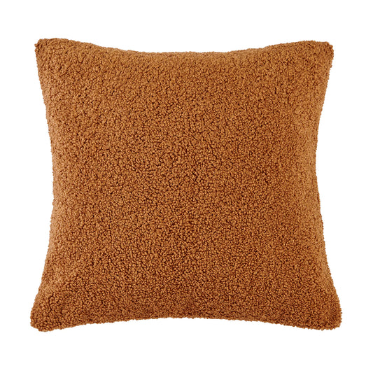 Teddy bear boucle pillow in terracotta with plush curled-loop woven texture and waterfowl feather fill, 27x27 inch accent pillow