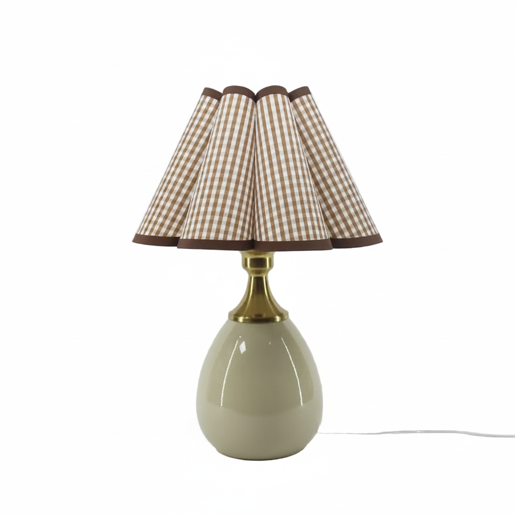 Vintage cottage gingham scallop counter lamp with ceramic base and gingham fabric scallop shade, 13.8 inch plug-in desk lamp for nightstand, countertop or farmhouse decor