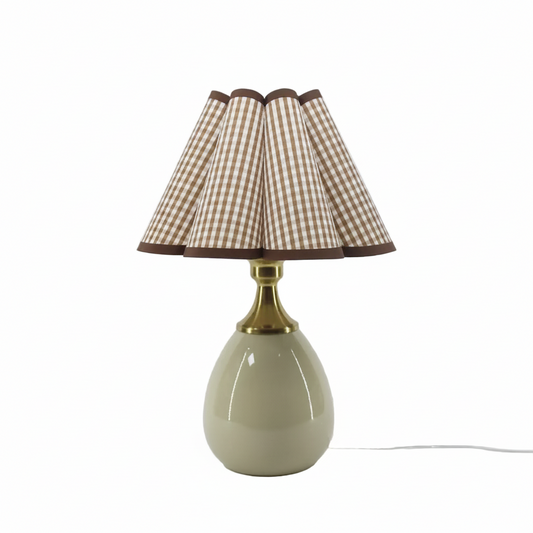 Vintage cottage gingham scallop counter lamp with ceramic base and gingham fabric scallop shade, 13.8 inch plug-in desk lamp for nightstand, countertop or farmhouse decor